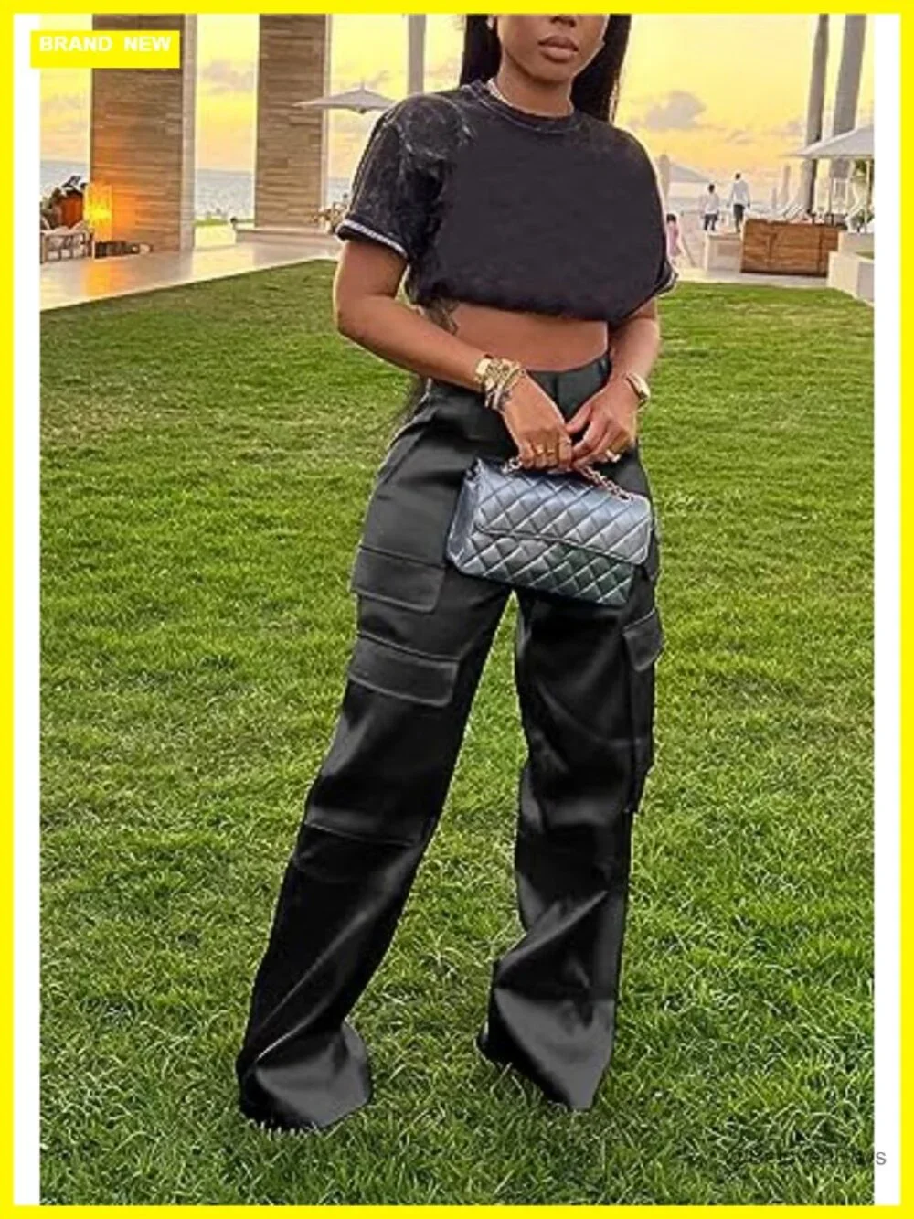 Satin Cargo Pants Y2K High Waisted Straight Leg Baggy Trousers Streetwear